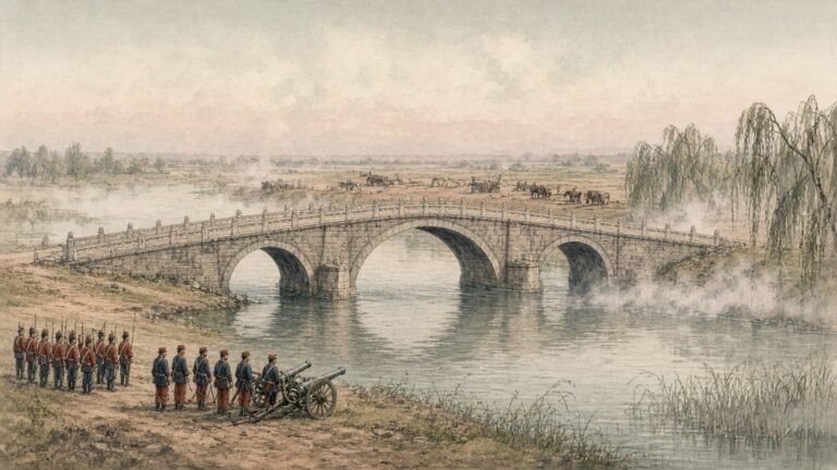 Painted illustration of the three-arched stone Baliqiao bridge east of Peking in 1860, with British and French troops on the bank after the battle