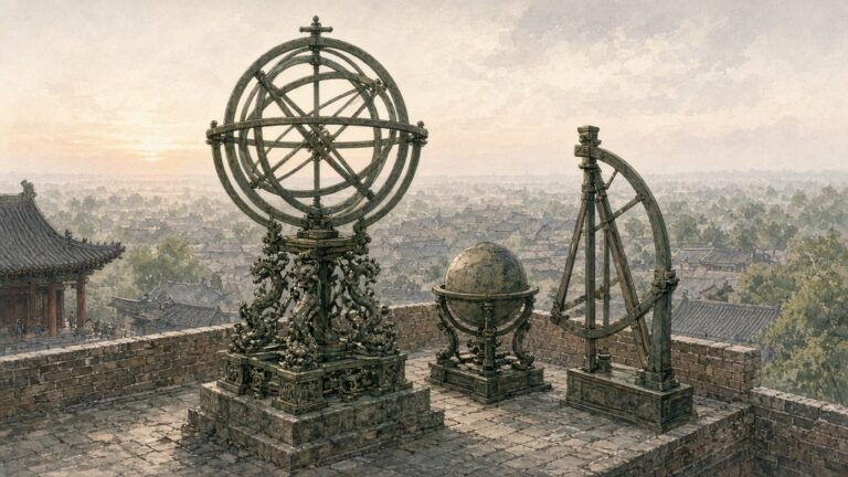 Painted illustration of bronze astronomical instruments with dragon supports on the brick platform of Beijing's Ancient Observatory at dawn