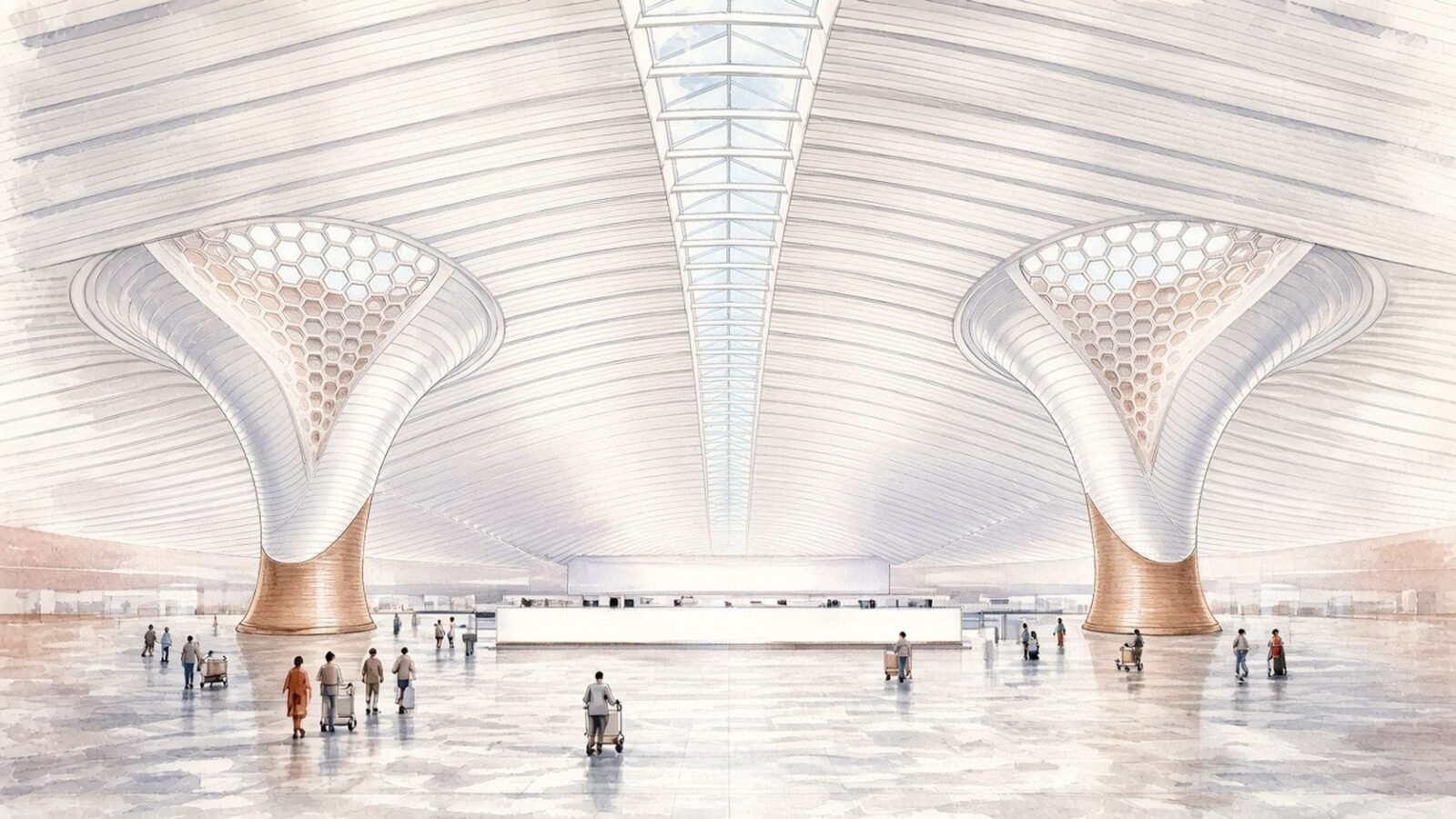 Painted illustration of the check-in hall of Beijing Daxing International Airport, with white ribbed ceiling curves flowing down into two funnel-shaped columns and a central skylight