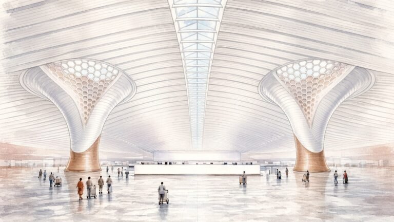 Painted illustration of the check-in hall of Beijing Daxing International Airport, with white ribbed ceiling curves flowing down into two funnel-shaped columns and a central skylight