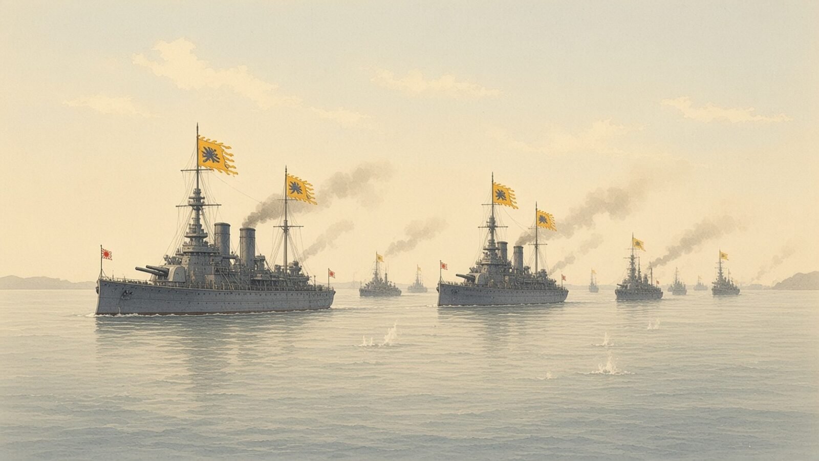 Painting of the Beiyang Fleet ironclads steaming into battle off the Yalu in 1894