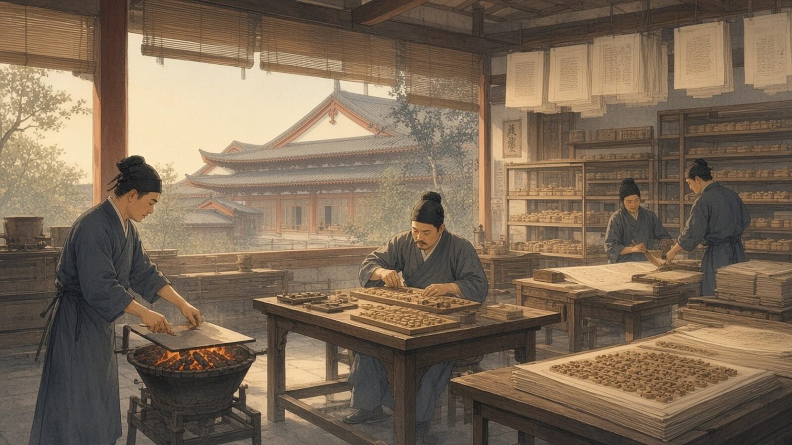 Painting of Bi Sheng setting clay movable type in an iron frame in a Song printing workshop