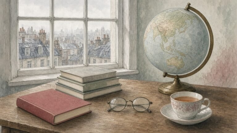 Painted illustration of a red book, reading glasses and a desk globe turned to East Asia in a London study