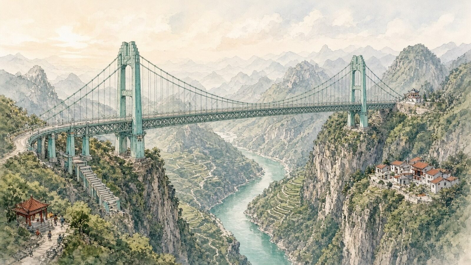 Hand-painted illustration of the Huajiang Grand Canyon Bridge in Guizhou in pale morning haze, its turquoise twin-legged towers and steel truss deck slung on cables high above a deep green karst gorge and the Beipan River, with a small village and red-roofed houses on the slopes below