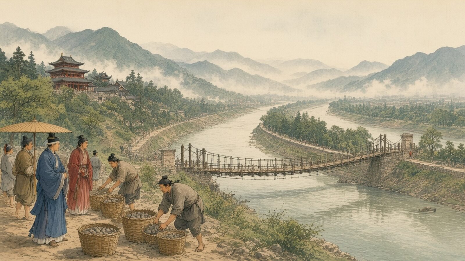 Painting of labourers filling bamboo baskets with stones beside the Dujiangyan levee and rope bridge on the Min River