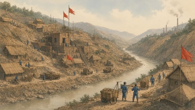 Painting of Third Front workers building the Panzhihua steelworks in the Jinsha River gorge in 1966