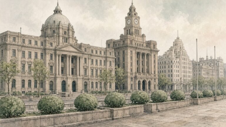 Painted illustration of the Bund in Shanghai with the domed former HSBC building and the Custom House clock tower beside it in early morning light