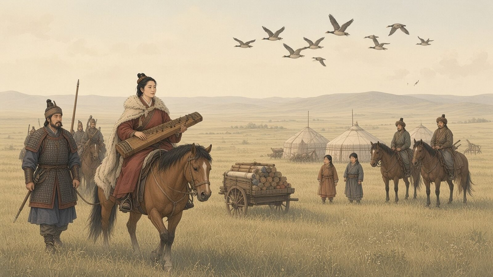 Painting of the poet Cai Wenji riding south across the steppe with a Han escort as her children watch from the Xiongnu camp