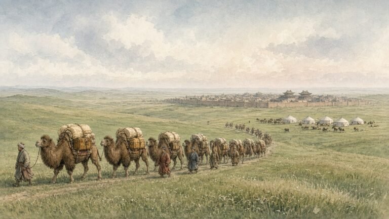Painted illustration of a camel caravan crossing green steppe towards the walled Yuan summer capital of Shangdu