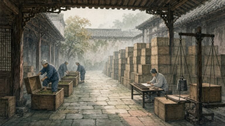 Painted illustration of workers packing and weighing tea chests in a Canton merchant's warehouse courtyard in the 1830s