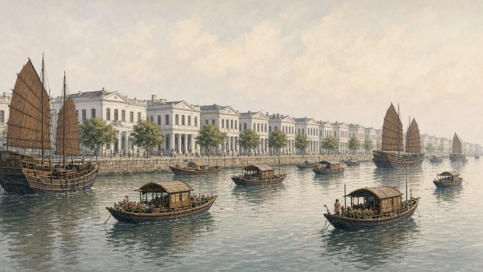 Painted illustration of the Thirteen Factories on the Canton waterfront in the 1830s, a row of pale Western-style buildings above a river crowded with junks and sampans