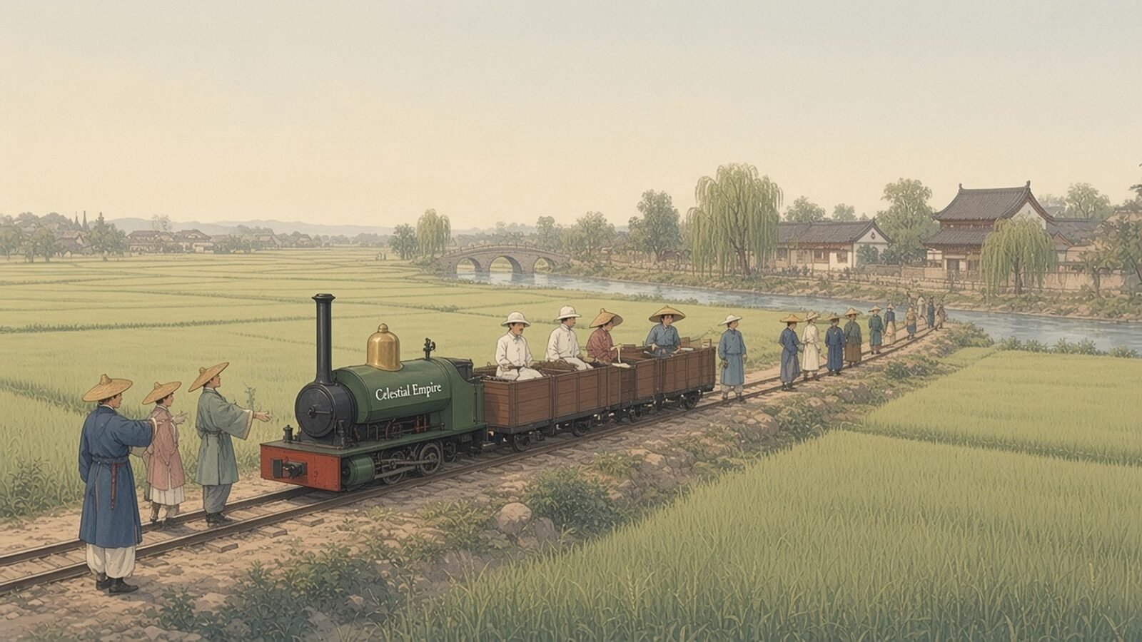 Painting of the small locomotive Celestial Empire pulling carriages through rice fields on the Woosung Road in 1876