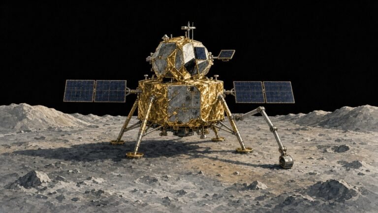 Painted illustration of the gold-foiled Chang'e-6 lander standing on the grey far side of the Moon under a black sky