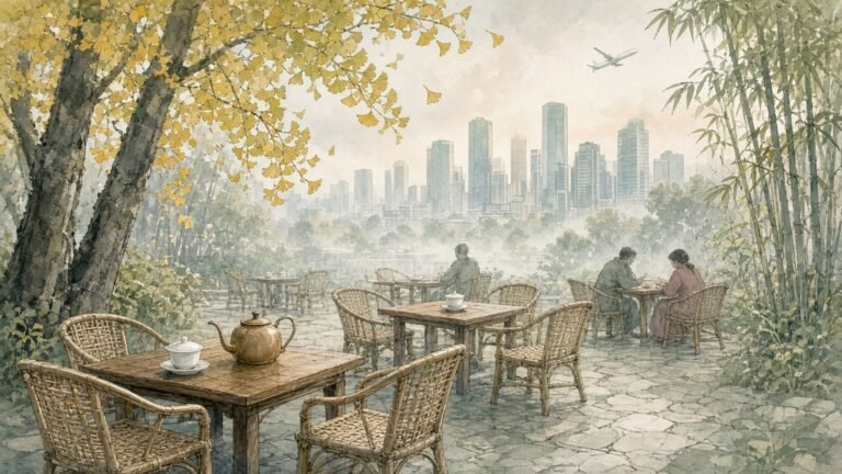 Painted illustration of a Chengdu teahouse terrace with bamboo chairs and tea bowls, modern towers in the haze beyond