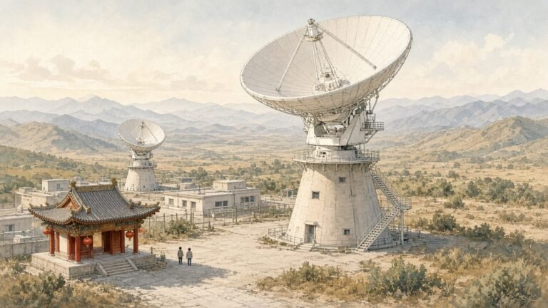 Hand-painted illustration of a Chinese satellite tracking station in pale morning haze, with large white parabolic dishes on conical pedestals among highland scrub and distant soft mountains, and a small red-and-gold visitor pavilion near the compound gate