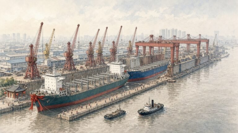 Hand-painted illustration of Jiangnan Shipyard on Changxing Island in Shanghai in pale morning haze, with tall red gantry cranes straddling dry docks, unfinished ship hulls and container ships at the fitting-out quays on the broad Yangtze, and small workers on the quayside