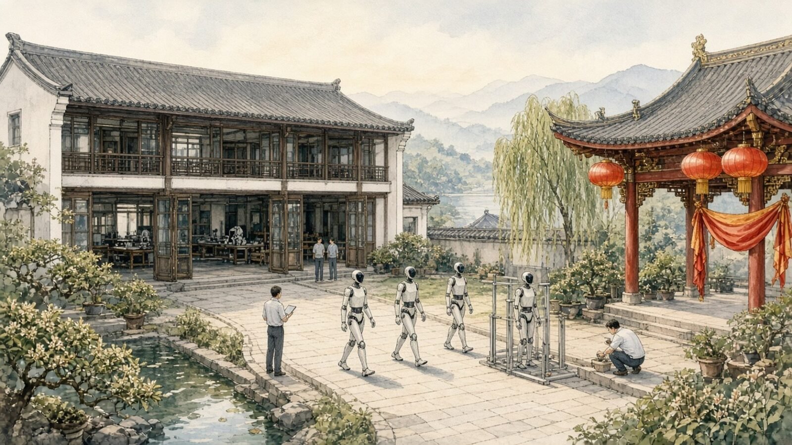 Hand-painted watercolour illustration of a robotics test courtyard on the edge of Hangzhou in pale morning haze, with white humanoid robots walking along a stone path, small engineers watching, a Jiangnan-style workshop hall, and a red-and-gold pavilion hung with red lanterns before misty hills