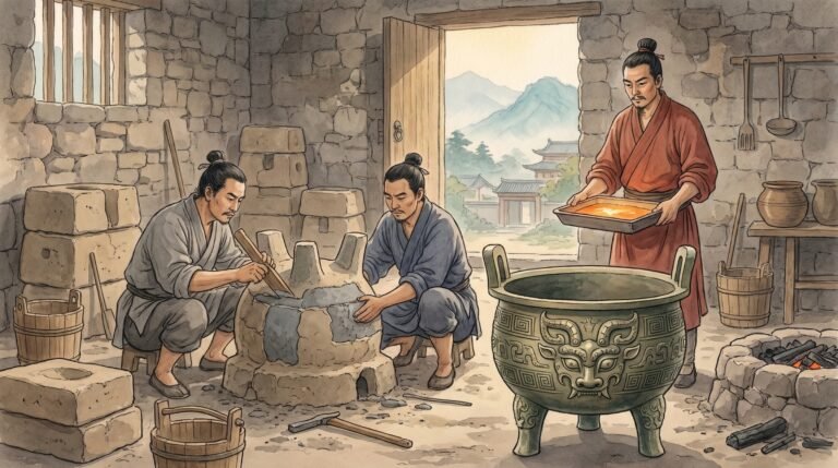 Hand-painted watercolour illustration of an early Chinese bronze foundry, with foundry workers in grey and indigo robes pressing clay mould sections beside a finished green-patinated ritual tripod bearing a raised animal-mask pattern, a rust-red robed worker holding a tray of glowing molten bronze, and misty blue-green mountains beyond the open doorway.