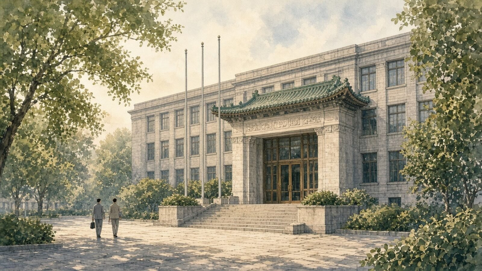 Painted illustration of the Chinese Academy of Sciences headquarters in Beijing in morning light, its green-tiled entrance porch above broad stone steps, with trees framing the forecourt