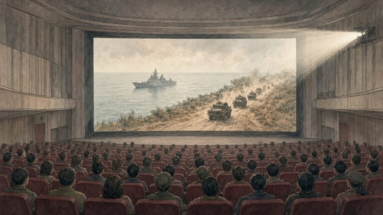 Painted illustration of a full Chinese cinema auditorium watching a military action film showing a naval ship offshore
