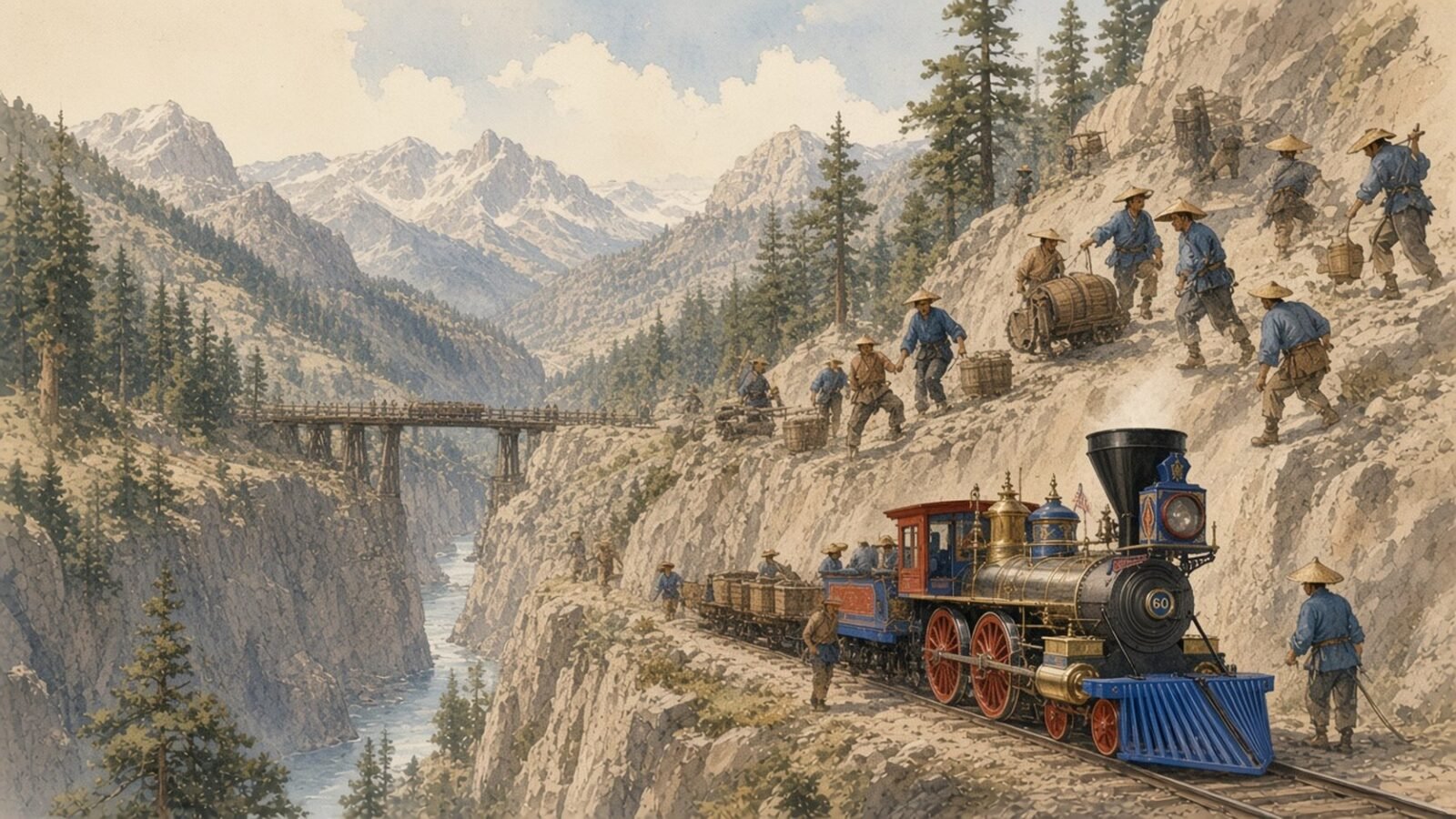 Painting of Chinese workers cutting a railway ledge in the Sierra Nevada beside a Central Pacific locomotive