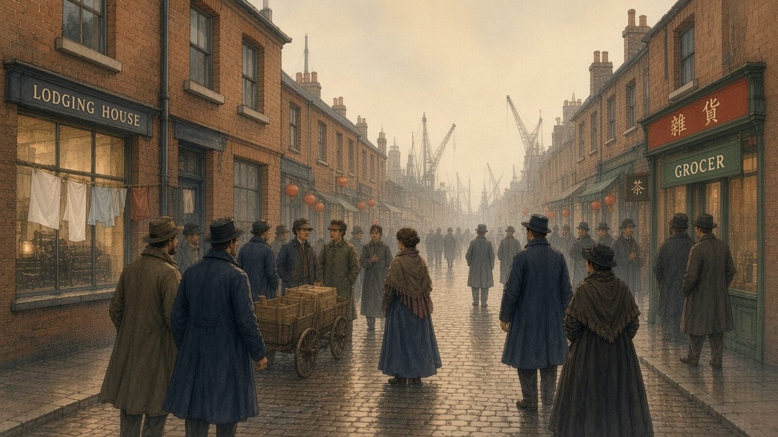Painting of a misty Limehouse street with Chinese shops, seamen and dock cranes around 1900