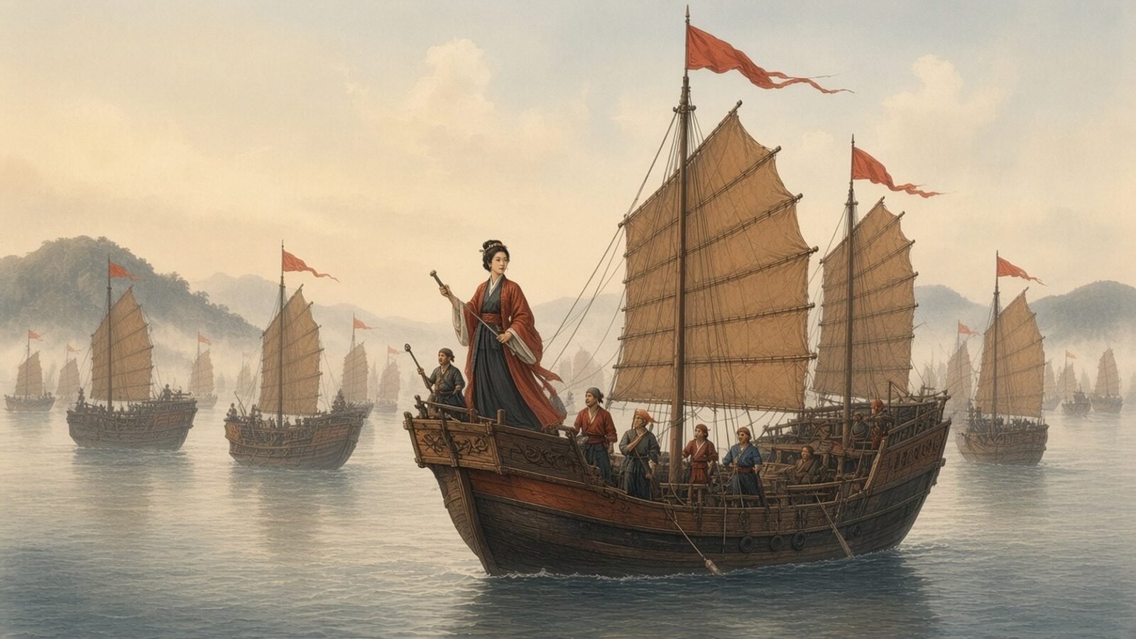 Painting of the pirate commander Ching Shih standing on her junk amid the Red Flag Fleet in a misty bay