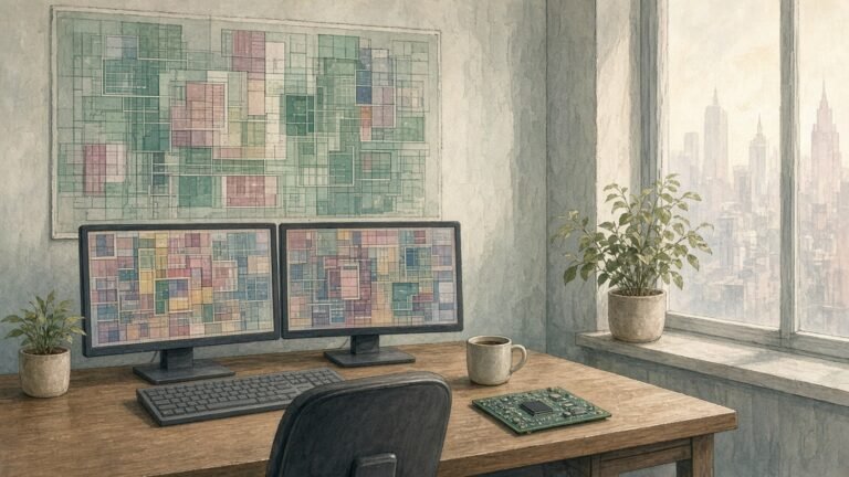 Painted illustration of a chip designer's desk with monitors showing colourful abstract chip layouts and a layout plot on the wall
