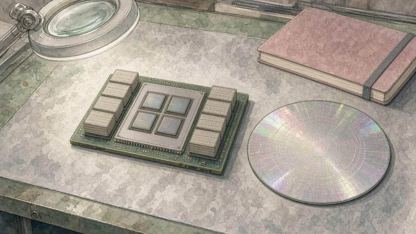Painted still life of an AI chip package made of several chiplets and memory stacks on an engineer's workbench
