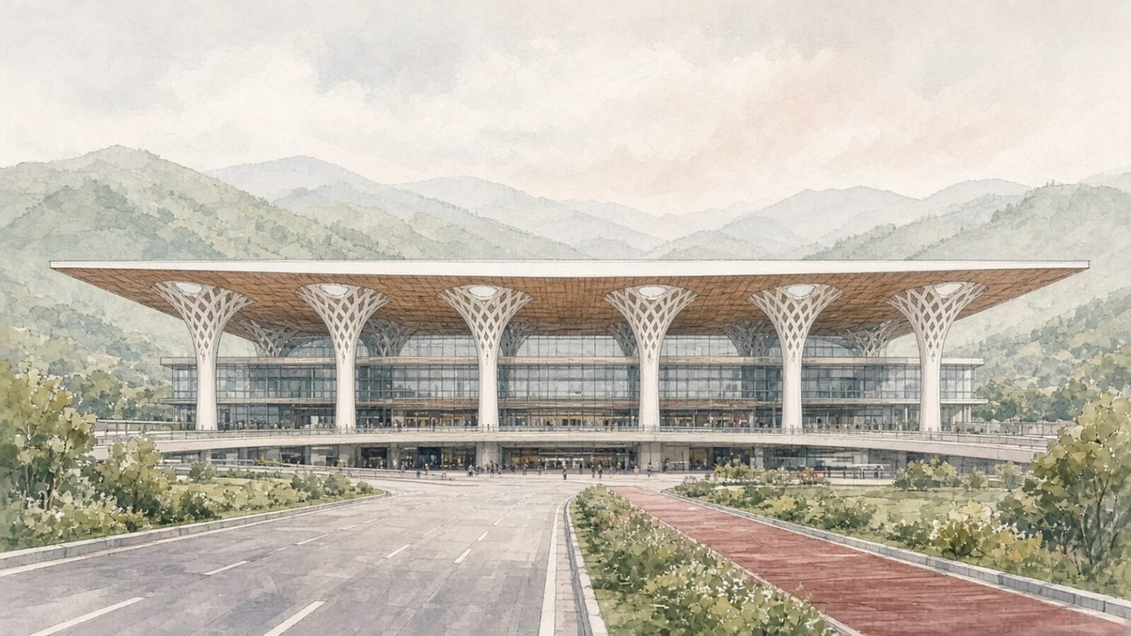 Painted illustration of Chongqing East Railway Station, its long flat canopy with a warm wooden underside held up by white tree-like columns with lattice tops, seen from the approach road