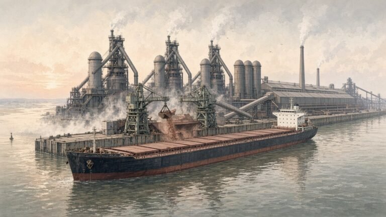 Painted illustration of a coastal steelworks at dawn, an ore carrier unloading beside blast furnaces and rolling mills
