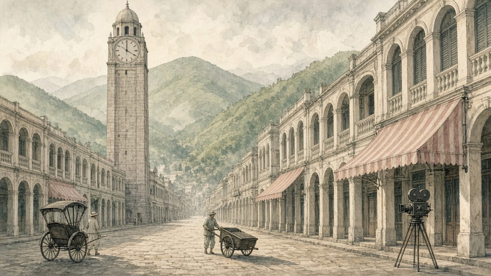 Painted illustration of a colonial-era street with a tall stone clock tower above two striped cloth awnings