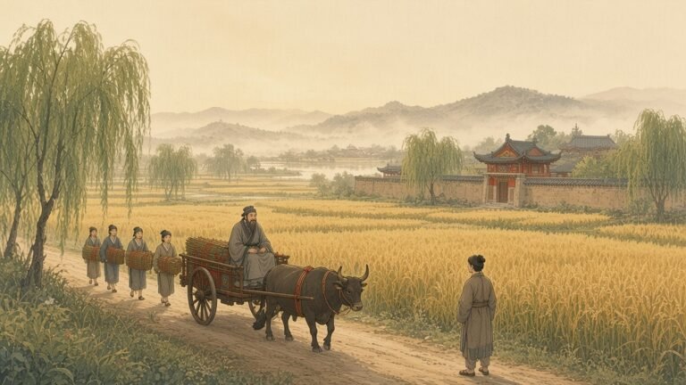 Painting of Confucius riding an ox cart with his disciples across the Zhou plain at dawn