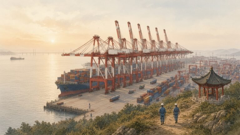 Watercolour illustration of red-and-white container cranes loading a ship at Yangshan Port in morning haze, with a red pavilion and two workers on a hillside
