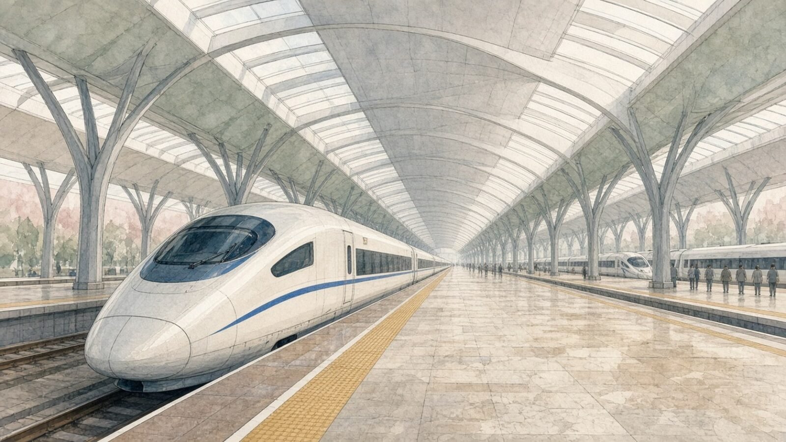 Painted illustration of a white high-speed train at a platform under the vast steel roof of Beijing South station in 2008