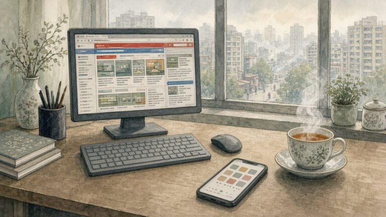 Painted illustration of a desktop monitor showing a dense, busy web portal layout of small boxes and bands, with a smartphone and tea on the desk