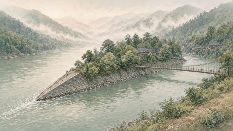 Painted illustration of the Fish Mouth levee at Dujiangyan splitting the Min River into two channels below misty mountains