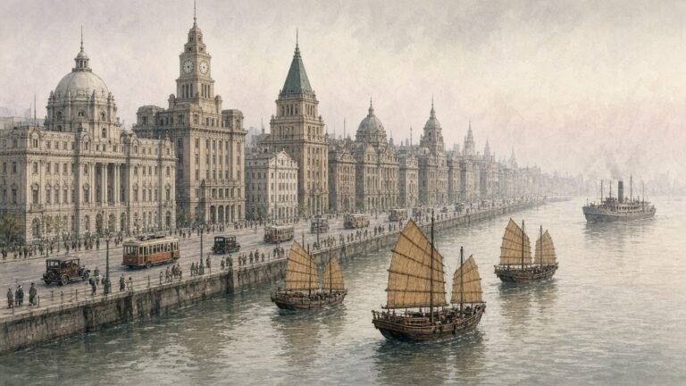 Painted illustration of the early Shanghai Bund in the 1850s, a row of low verandahed trading houses behind a busy river of sailing ships and junks