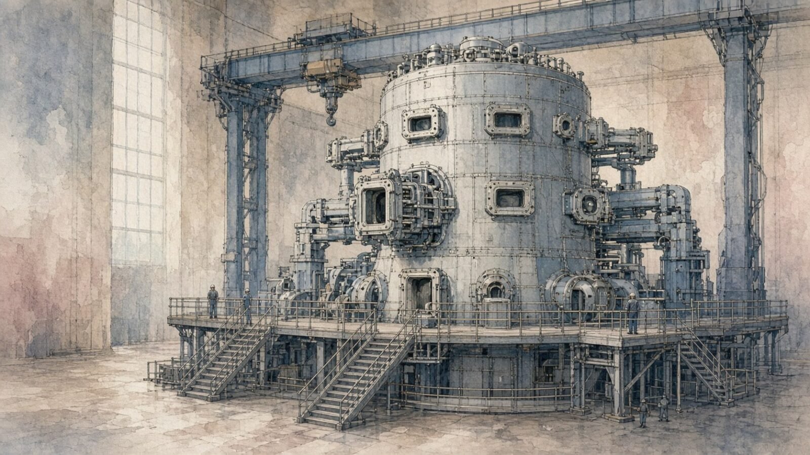 Painted illustration of the EAST superconducting tokamak in Hefei, a tall steel cylinder ringed with access ports and beam lines, inside its experimental hall