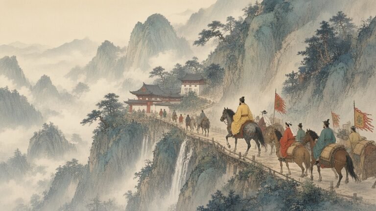 Painting of the Tang emperor Xuanzong's retinue on a cliffside mountain road fleeing to Sichuan in 756
