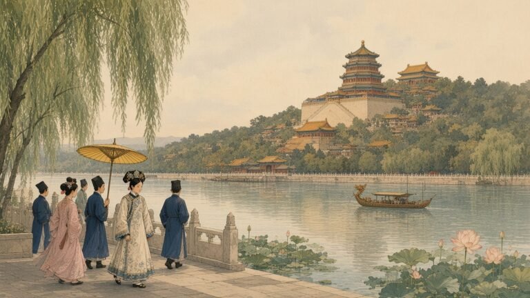 Painting of Empress Dowager Cixi and her court beside Kunming Lake below the Tower of Buddhist Incense