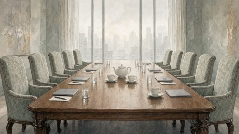 Painted illustration of an empty meeting table set for talks, with matching rows of chairs, closed laptops and a teapot