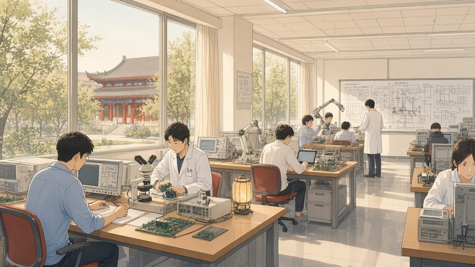 Painting of engineering postgraduates working with circuit boards and robot arms in a Beijing university lab