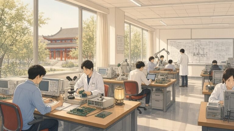 Painting of engineering postgraduates working with circuit boards and robot arms in a Beijing university lab