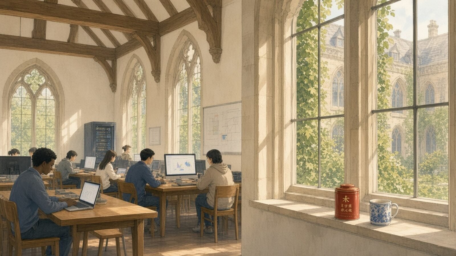 Painting of researchers working on laptops in a stone-walled European university computer lab