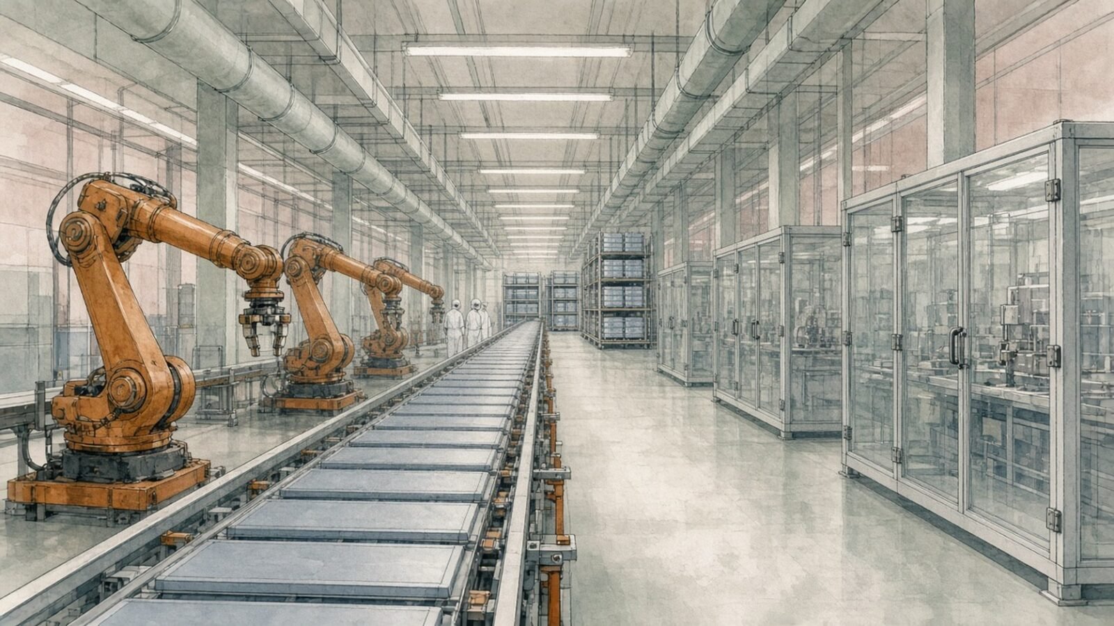 Painted illustration of rows of flat battery cells moving past robotic arms on a production line in an electric-vehicle battery factory