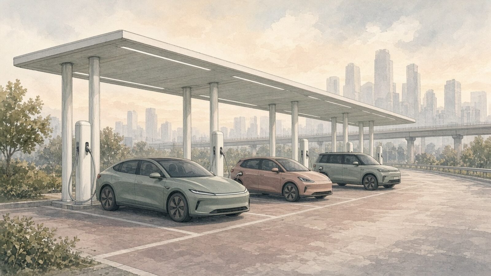 Painted illustration of electric cars plugged into tall charging posts under a lit canopy at a city charging hub at dawn