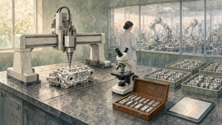Painted illustration of a factory quality lab where a measuring machine checks a machined part beside trays of identical components