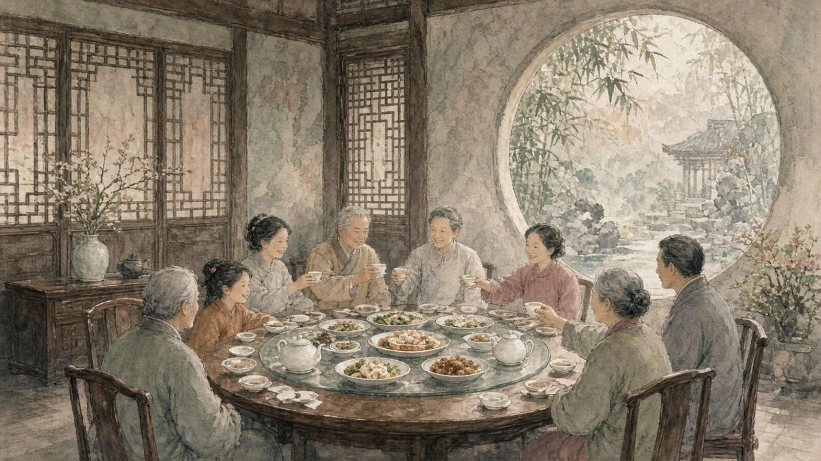 Painting of three generations of a family sharing a banquet at a round table beside a moon gate
