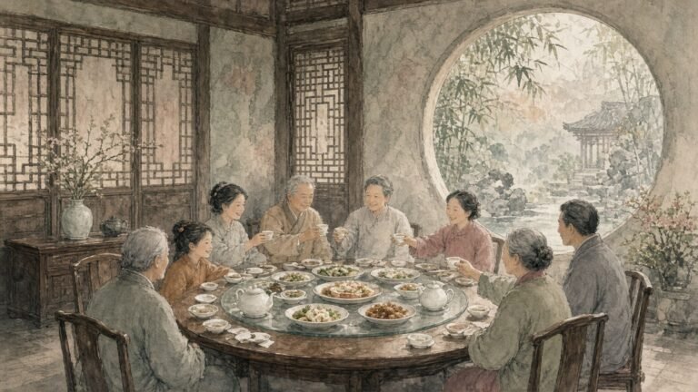 Painting of three generations of a family sharing a banquet at a round table beside a moon gate
